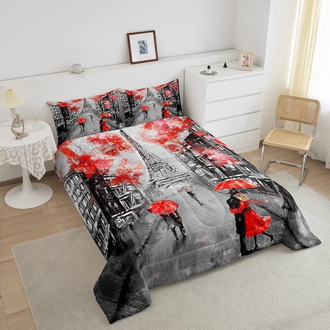 Eiffel Tower Comforter Set King Size for Girls Women Romantic Paris Street Bedding Sweet Couple Lover Red Flowers Floral Quilted Duvet French Style Down Comforter Chic Paris Cityscape Comforter
