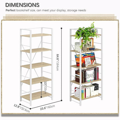 4NM Bookshelf Industrial Bookcase 5 Tier Home Office Adjustable Bookshelves Storage Shelves Organizer Vintage Book shelf Display Rack for Living Room, Bedroom,Home - Natural