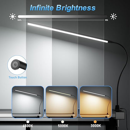 LED Clip on Light/Reading Light, 20" Ultra-Long Chips Bright Desk Lamp, 10%-100% Stepless Dimming & 3 Color Modes Office Lamp with 360° Gooseneck Memory Function Clamp Light for Working