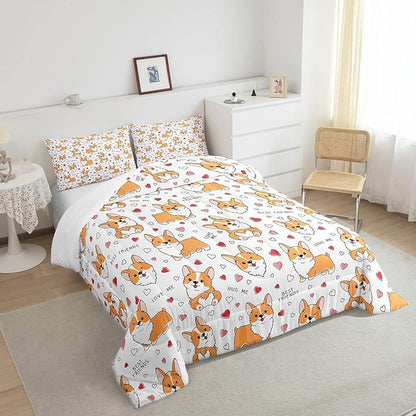 Kids Kawaii Corgi Comforter Set Toddler Cute Dog All Season Down Comforter Boys Girls Cartoon Puppy Dog Bedding Set Lovely Animal Quilt Set Room Decor 3Pcs with 2 Pillow Case Full Size