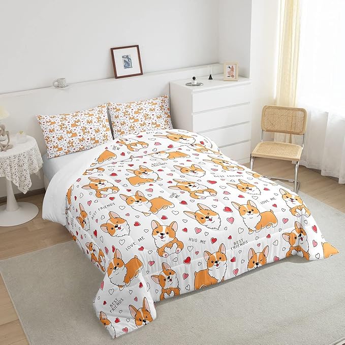 Feelyou Kids Kawaii Corgi Comforter Set Toddler Cute Dog All Season Down Comforter Boys Girls Cartoon Puppy Dog Bedding Set Lovely Animal Quilt Set Room Decor 3Pcs with 2 Pillow Case Queen Size