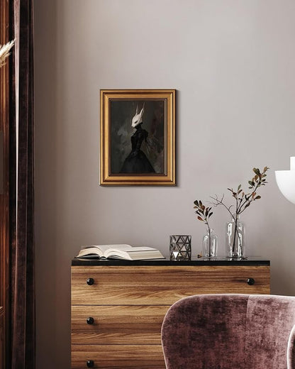 HUARCEY Gold Framed Vintage Wall Art Canvas Prints Gothic Room Decor Vintage Rabbit Lady Wall Decor, Aesthetic Dark Academia Halloween Pictures Oil Painting Goth Decorations 8x10in