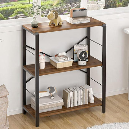 FOLUBAN Small Bookshelf, 3 Tier Rustic Book Shelf with Storage, Industrial Low Short Bookcases for Office, Bedroom and Living Room, Rustic Walnut