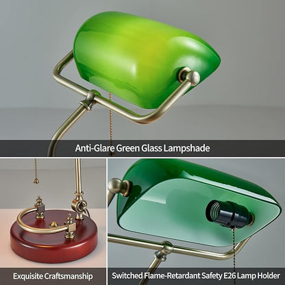 Green Bankers Desk lamp for Home Office Vintage Desk Retro lamp Workplace Lighting Piano Light Bedside lamp Pull Rope Switch，Glass lampshade，UL Certified lamp Holder, Wire