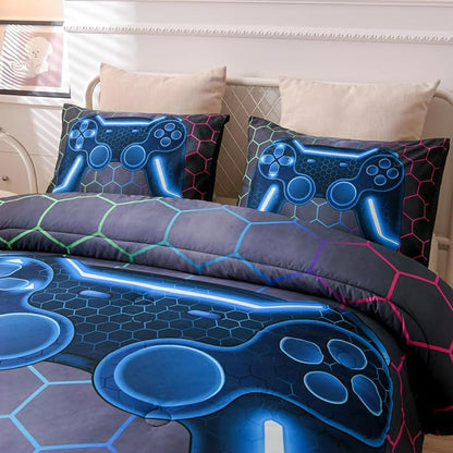 NTBED Game Console Comforter Set for Boys Girls Kids 3D Gaming Geometric Lightweight Microfiber Bedding Sets (Multi, Full)