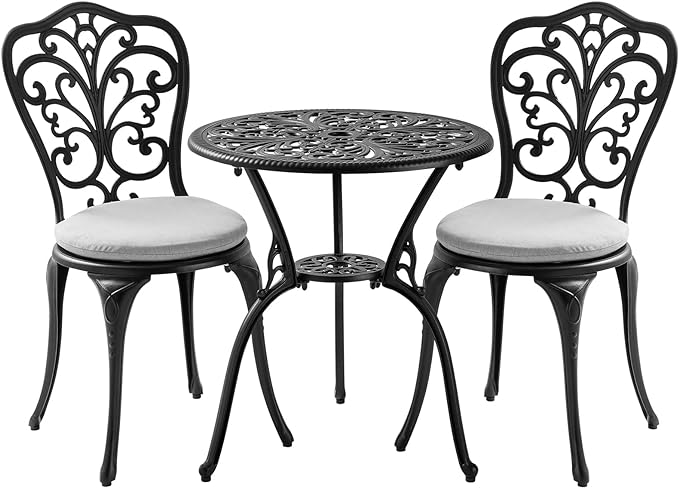 Patio Bistro Set 3 Piece Outdoor, All Weather Bistro Table and Chairs Set of 2 with Umbrella Hole, Outdoor Bistro Set with Cushions, Cast Aluminum Patio Furniture Set for Garden Porch