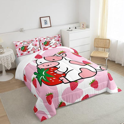 Feelyou Milk Cow Comforter Pink White Cow Strawberry Pattern Comforter Set Bedding Set for Kids Adults Kawaii Girls Milk Cow Print Duvet Set Ultra Soft Room Decor Twin Size Quilt Set