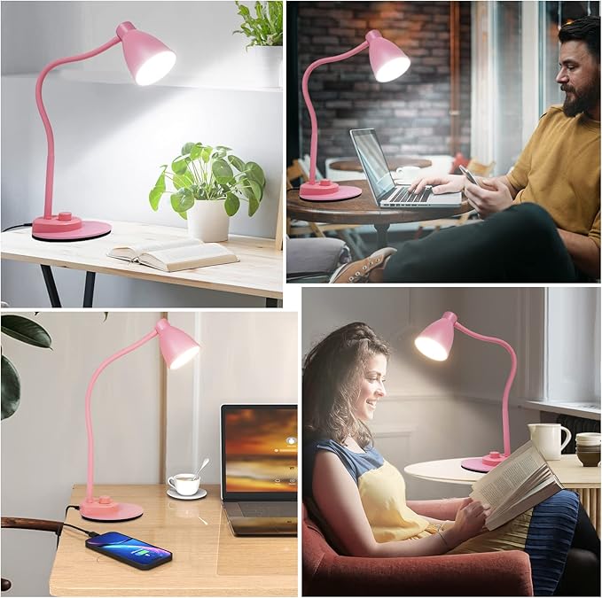 BOHON Cute Desk Lamp with USB Charging Port, Pink Lamp 3 Color Modes Dimmable Reading Lamp, Flexible Gooseneck Table Light Auto Dimming Task Lamp, LED Desk Light for Home Office Dorm Bedside, Pink