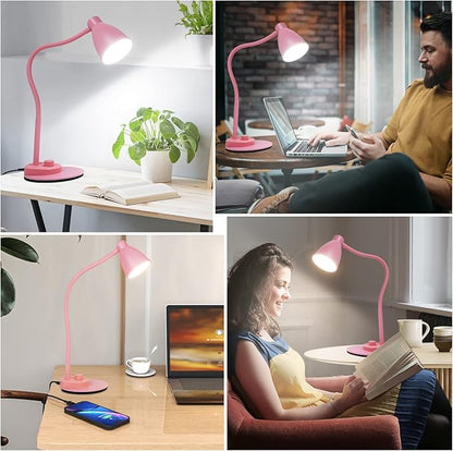 BOHON Cute Desk Lamp with USB Charging Port, Pink Lamp 3 Color Modes Dimmable Reading Lamp, Flexible Gooseneck Table Light Auto Dimming Task Lamp, LED Desk Light for Home Office Dorm Bedside, Pink