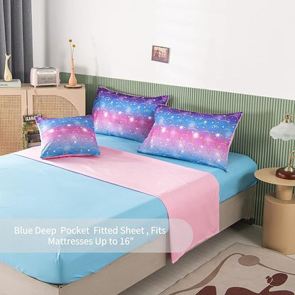 RYNGHIPY 6Pcs Teal Pink Sparkle Mermaid Comforter Sets Full Size, 3D Rainbow Glitter Girls Bedding Sets, Ombre Pastel Fish Scale Bedding Collection Sets