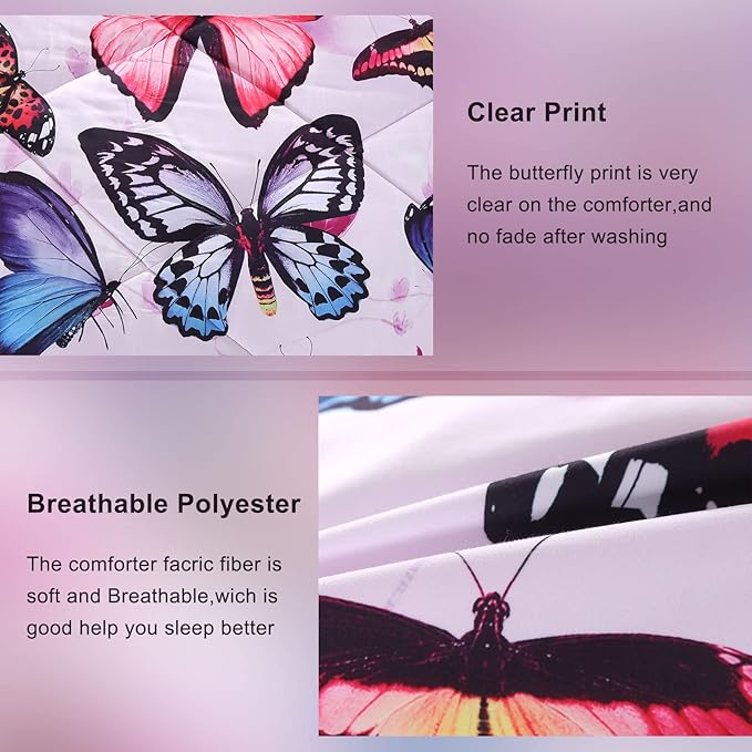 ENCOFT Purple Butterfly Comforter Sets Full Size 3 Pieces, Girls Teen Kids Quilted Bedspread Comforter Bedding Sets, Butterfly Bedding Sets Full