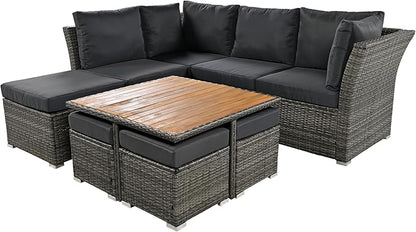 9 Piece Patio Furniture Set with Solid Wood Coffee Table and Ottomans, Rattan Modular Outdoor Sectional Conversation Sofa, for Garden Backyard, Onesize, Gray