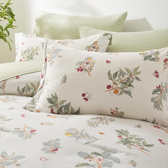 EMME Queen Comforter Set - Sage Green Floral Bedding Set 7 PCS with Flowers Leaves Pattern, Soft Plant Printed Botanical Bed Set with Sheets, Fluffy Bed Bag for All Season(90"X90")