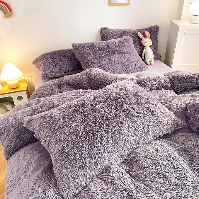 Faux Fur Kid Girls Purple Comforter Sets King - 3PC Bed Set Warm Comfortable Soft Plush Flannel Velvet Fluffy Fuzzy Bedding（Comforter x 1 Pillowcases x 2）