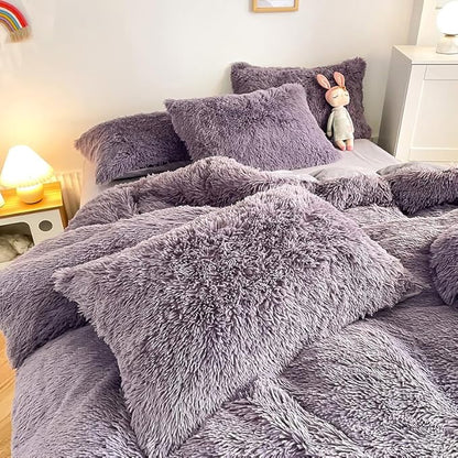 Faux Fur Kid Girls Purple Comforter Sets Queen - 3PC Bed Set Warm Comfortable Soft Plush Flannel Velvet Fluffy Fuzzy Bedding（Comforter x 1 Pillowcases x 2）