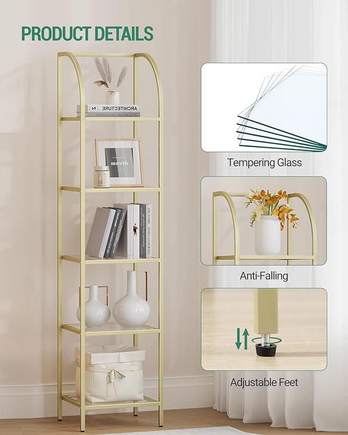 Bookcase Bookshelf, Tempered Glass Arched Bookshelf for More Storage, Slim Shelving Unit for Bedroom, Bathroom, Home Office, Steel Frame, 5 Tier Gold BC20599G