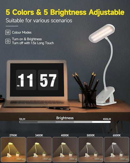 CUHIOY Desk Lamp with Clamp, Portable Cordless Rechargeable Clip on Reading Light, Eye-Caring LED Kid's Bunk Bed Light, 5 Colors 5 Brightness Flexible Neck Architect Lamp for Studying Crafting (White)