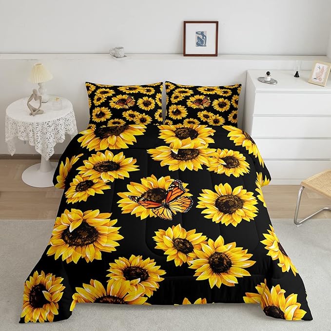 Feelyou Sunflower Bedding Set Girls Yellow Floral Butterfly Comforter Chic Flowers Pattern Comforter Set for Kids Teens Botanical Nature Duvet Set Ultra Soft Room Decor Queen Size…