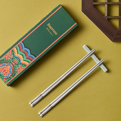 Korean Metal Chopsticks 2 Pairs, Matte Silver Stainless Steel Chopsticks with Dancheong Pattern Engraving, Reusable Dishwasher Safe Gift Set