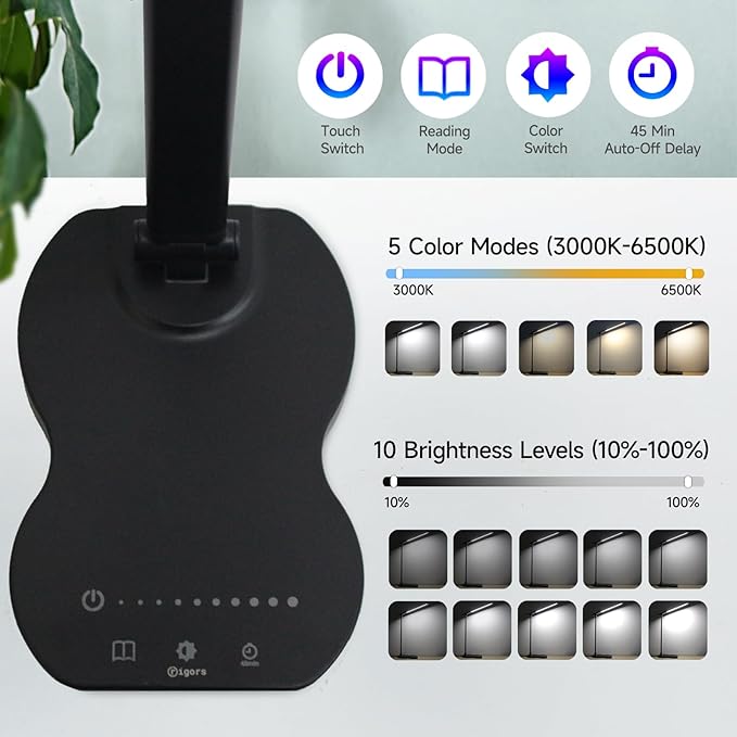 Led Desk Lamp with USB Charging Port, 5 Lighting Colors & 10 Brightness Reading Lamp, Foldable Dimmable LED Desk Light, 3000-6500K, Violin Shape Black Lamp Desk Lamps for Home Office