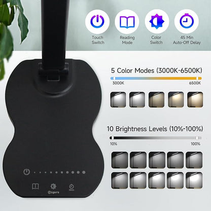 Led Desk Lamp with USB Charging Port, 5 Lighting Colors & 10 Brightness Reading Lamp, Foldable Dimmable LED Desk Light, 3000-6500K, Violin Shape Black Lamp Desk Lamps for Home Office