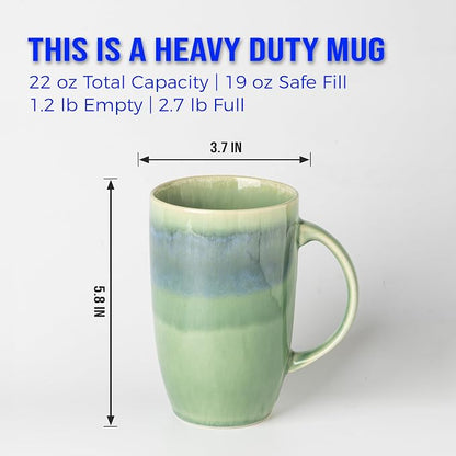 22oz Oversized Heavyweight Ceramic Coffee Mug, Large (Green) | 22oz Extra Large, Oversized Heavyweight Ceramic, Reactive Glaze, Microwave & Dishwasher Safe, Prop 65 Compliant, Gift Box