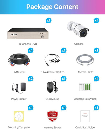ZOSI 8CH 5MP Lite Home Security Camera System with 1-Way Audio,4x 1080p Metal Indoor Outdoor Cameras,AI Human/Vehicle Detection,Night Vision,Remote Access,H.265+ 8-Channel CCTV DVR No Hard Drive