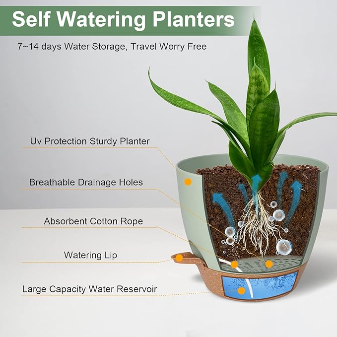 Planters for Indoor Plants, 10/9/8 Inch Self Watering Plant Pots with Drainage Hole, Plastic Planters Flower Pots for Indoor Outdoor Plants (Green)