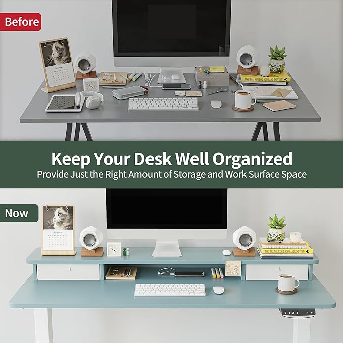 FEZIBO 48 x 24 Inch Height Adjustable Electric Standing Desk with Double Drawer, Stand Up Desk with Storage Shelf, Sit Stand Desk, Blue