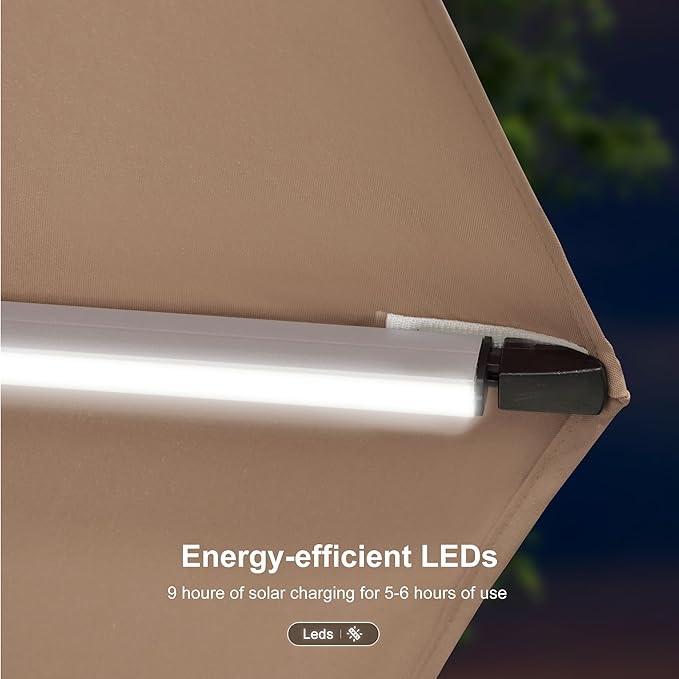 PURPLE LEAF 9' X 12' Solar Powered LED Patio Large Umbrella Offset Double Top Hanging Umbrella Outdoor Market Umbrella for Garden, Deep Beige