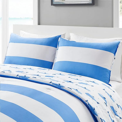 Mizone Kids Blake Reversible Dolphin Comforter Set - Adventure Animal Adorable Print with Stripe Reverse, Fun Bedroom Décor, Modern All Season Kids Bedding, Matching Sham, Full/Queen, Blue 3 Piece
