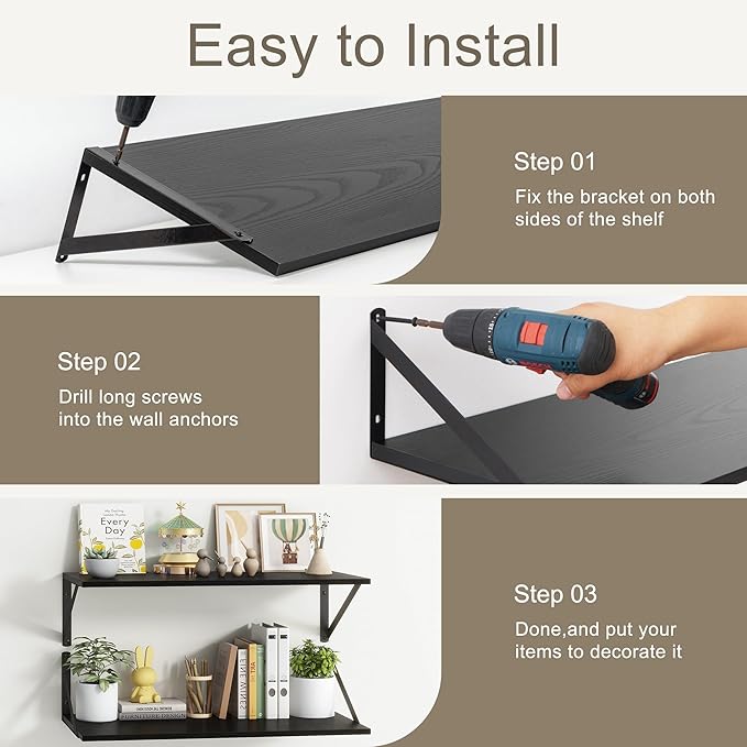 Fun Memories Deep Floating Shelves for Wall, 12 Inch Deep Black Floating Shelves Set of 2, 16" W x 12" D Wall Shelf, Wide Display Ledges Shelves for Bedroom, Bathroom, 12 Deep Bookshelf Wall Mounted