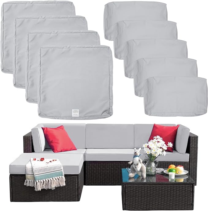ClawsCover 9Pack Outdoor Seat and Back Cushions Replacement Covers Fit for 5 Pieces 4-Seater Wicker Rattan Patio Conversation Set Sectional Couch Furniture,Gray-Include Covers Only (Large)