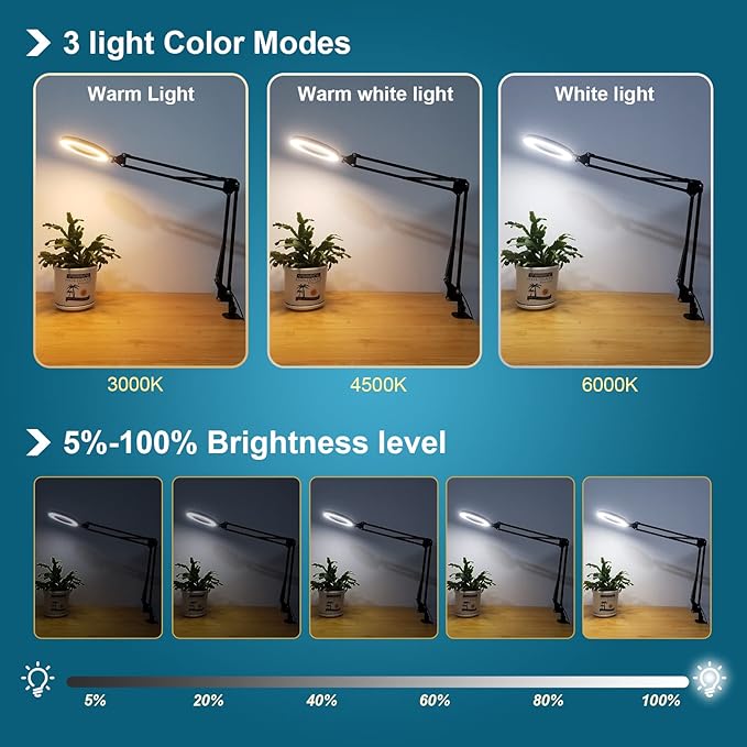 Magnifying Glass with Light and Stand 12V/1A Adapter 5X LED Magnifying Lamp 3 Color Modes Stepless Dimmable 2-in-1 Desk Magnifier with Light, for Hobby Reading Crafts Repair Reading Close Work