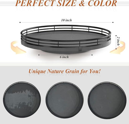 AMH10-Inch Natural Slate Lazy Susan with Black Raised Iron Rim | Smooth rotating oak tray with walnut finish for dining tables, kitchen counters, pantries and cabinet storage.