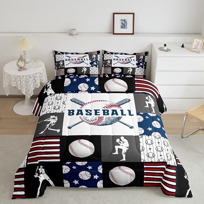 Teen Boy Sports Baseball Full Bedding Set,Kids Baseball Athlete Comforter Set,Grunge Hippie Tie Dye Ball Bed Comforter Sets Room Decor Patchwork Pattern 2 Pillow Cases（Red Blue Black White Grey）