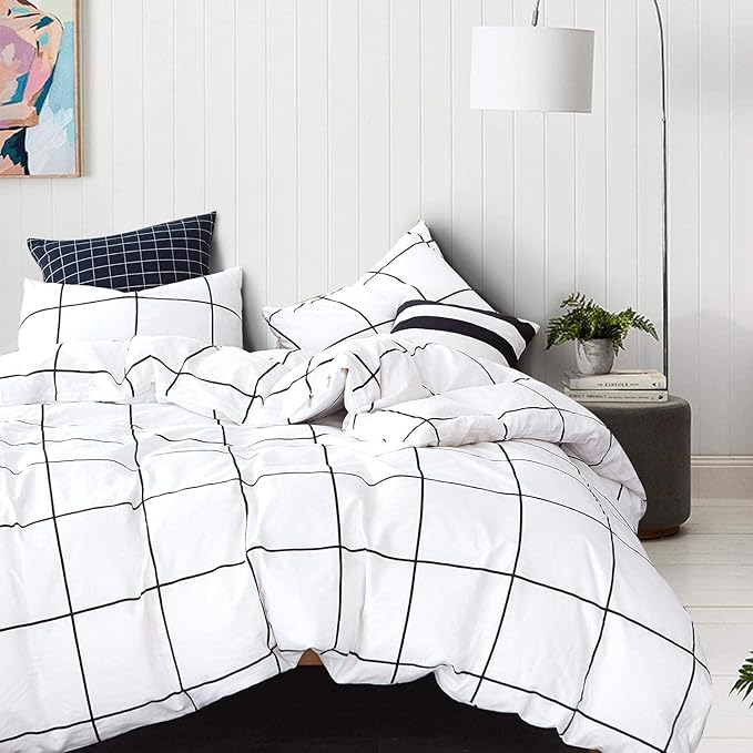 White Grid Comforter Set Big Grid Bedding Set Full White Black Plaid Printed Stripes Women Checkered Comforters Bedding Set Girls White Grid Bed Blanket Set White Plaid Full Comforter