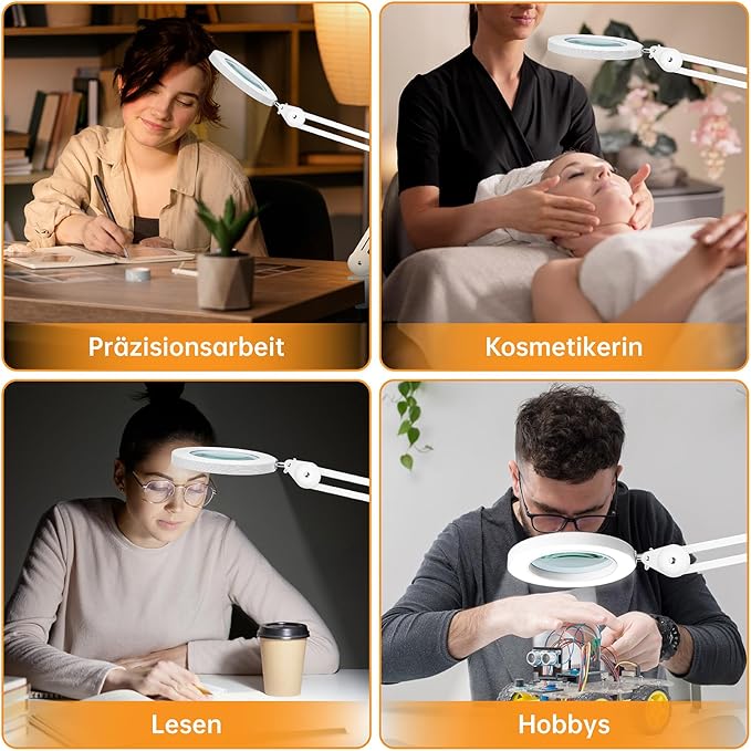 Magnifying Glass with Light and Clamp, Magnifying Lamp with 4.2'' 5X Real Glass Magnifier, 3-Color Dimmable LED Light, Premium Swing Arm Hands Free for Estheticians Crafts Hobbies Arts