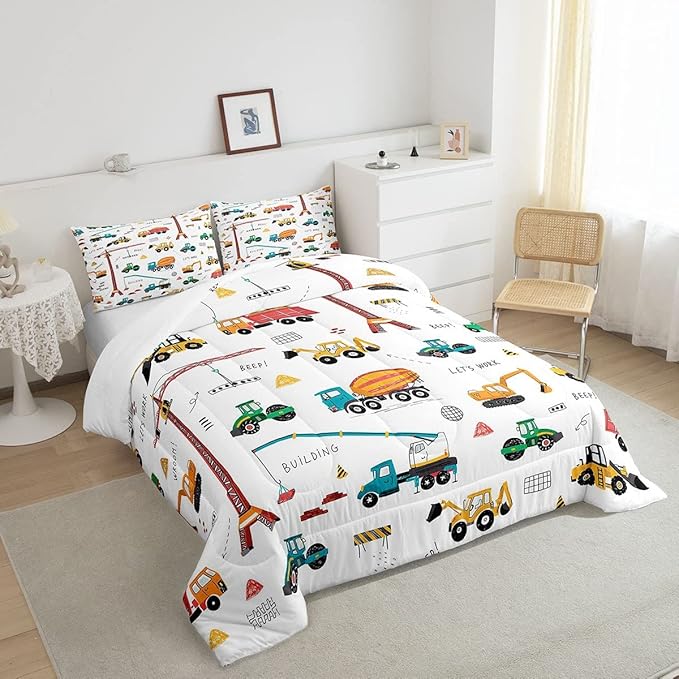 Heavy Machinery Truck Bedding Set Tractor Crane Comforter Set for Kids Boys Girls Youth Construction Site Comforter Nursery Decor Quilt Set Room 3Pcs Full Size