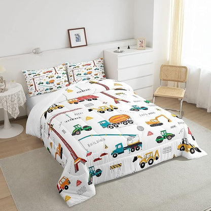 Feelyou Heavy Machinery Truck Bedding Set Tractor Crane Comforter Set for Kids Boys Girls Youth Construction Site Comforter Nursery Decor Quilt Set Room 2Pcs Twin Size