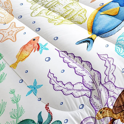 Turtle Comforter Set Twin Ocean Watercolor Sea Turtle Bedding Set Tropical Fish Marine Life Bed Set with 2 Pillowcases for Kids Room Decor