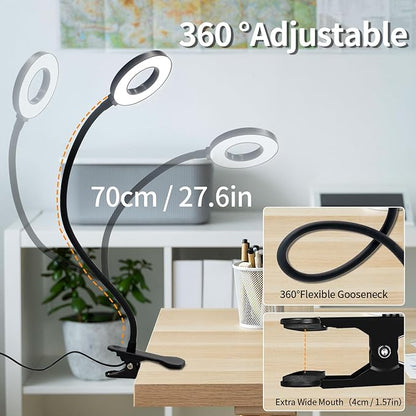 LQWELL® LED Desk Lamp Clip-on Ring Reading Light, 3 Color Temperatures, 10 Brightness Levels & Stepless Dimming, 360° Flexible Clamp Table Lights for Home Office (Neck Length 70CM)
