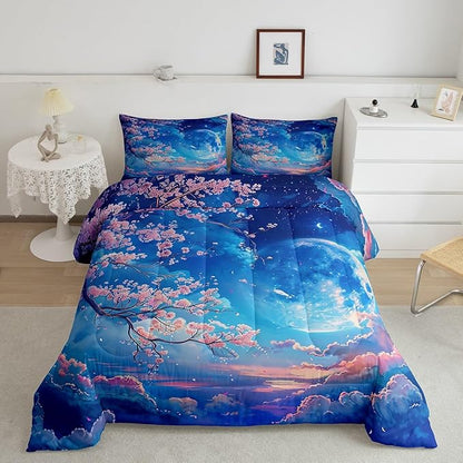 Manfei Cherry Blossoms Comforter Set Queen Size,Moonnight Cloud Starry Sky Bedding Set,Girls Women Room Decor,Sakura Flowers Chinese Style Down Comforter,Pink Blue Romantic Duvet Insert,2 Pillowcases