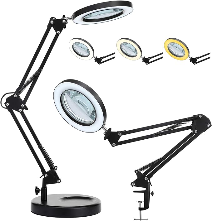 5X Magnifying Glass with Light and Stand, KIRKAS 2-in-1 Real Glass Lens Magnifying Desk Lamp with Clamp, 3 Color Modes, Stepless Dimmable Magnifier Light for Close Work Repair Reading Crafts- Black
