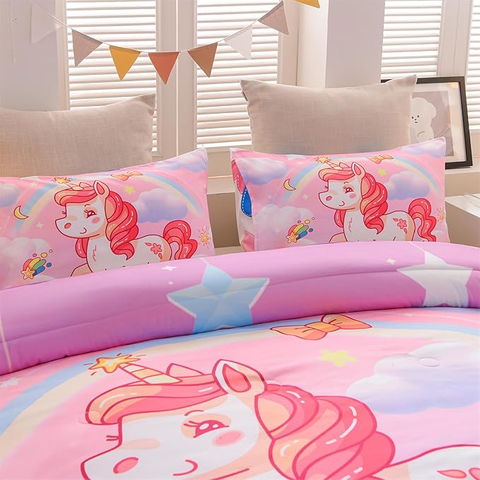 Aimuan Girls Unicorn Comforter Set 3 Pieces Pink Purple Bedding Set with Rainbow Star Galaxy Stars Fantasy Children Room Decor Soft Reversible Bed Sets for Boys/Girls/Teens (Pink Twin3Pcs)