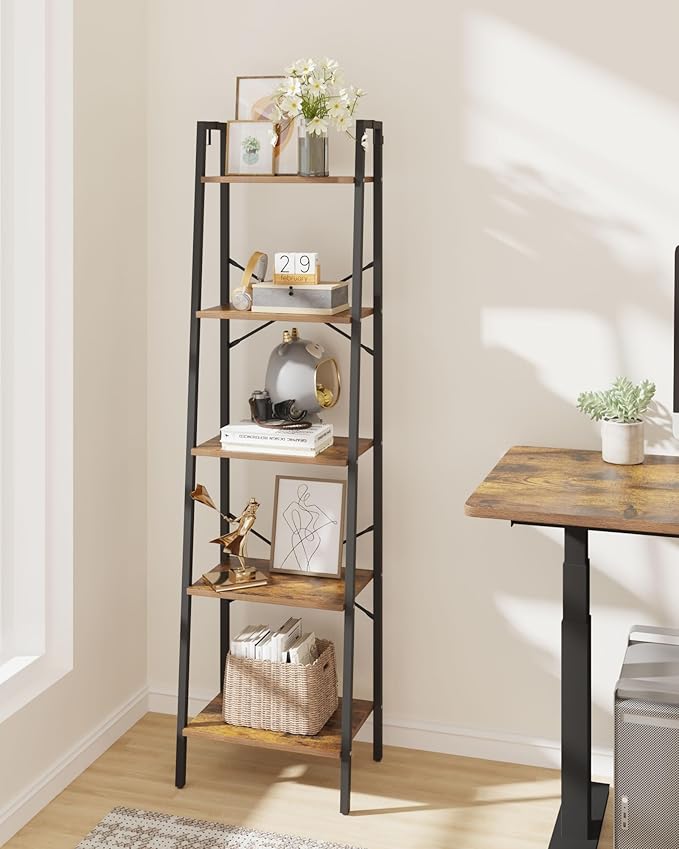Ladder Shelf, Bookshelf Bookcase, Freestanding Corner Storage Shelve with 2 Hooks for Home Office, Living Room, Kitchen, Bedroom, Industrial, 5-Tier Rustic Brown BC19201B