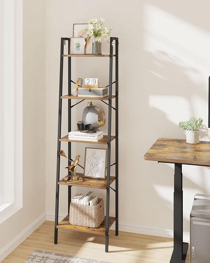 Ladder Shelf, Bookshelf Bookcase, Freestanding Corner Storage Shelve with 2 Hooks for Home Office, Living Room, Kitchen, Bedroom, Industrial, 5-Tier Rustic Brown BC19201B