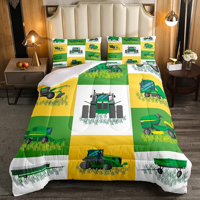 Erosebridal Tractor Comforter Set Full Size, Cartoon Truck Bedding Set, Farm Excavator Down Comforter, Construction Vehicles Comforter for Kids Boys Girls Teens Car Theme Room Decor, 2 Pillow Cases