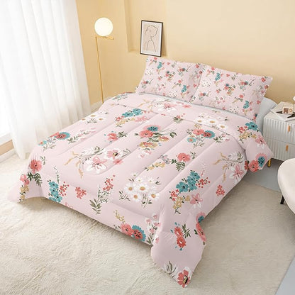 Floral Comforter King Size,Pink Floral Kids Comforter Set,3Pcs Bedding Set Printed Comforter with 2 Pillowcases,Down Alternative,Soft and Lightweight,for All Seasons