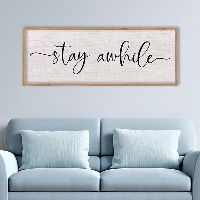 LuZhiQiang Stay Awhile Home Sign Wall Decor 40"X15" Large Solid Wood Frame For Hallway Living Room Entryway Wall Art Hanging (Wood)